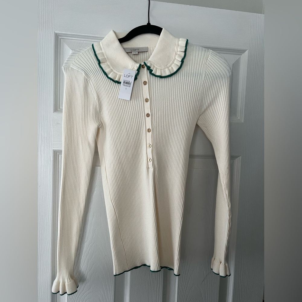 LOFT Cream Ribbed Cardigan with Green-Trim Scalloped Collar